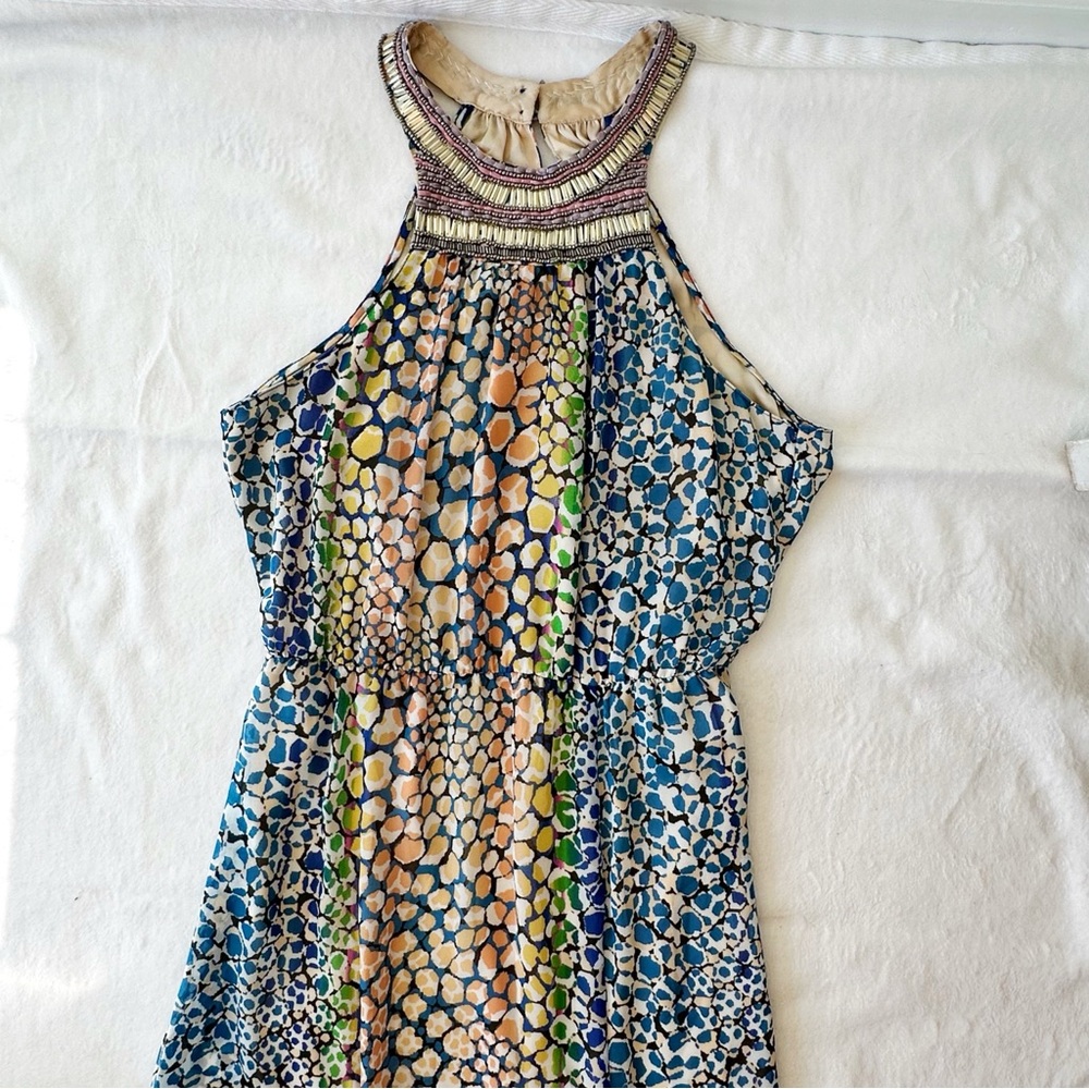Charlie Jade Beaded Halter Neck Blue Green Colorful Party Maxi Dress, size M - Picture 11 of 16